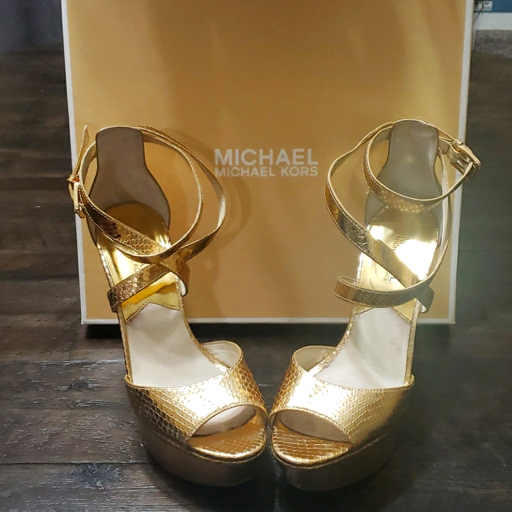 Michael Kors Gold Gabriella Wedge Shoes with Box